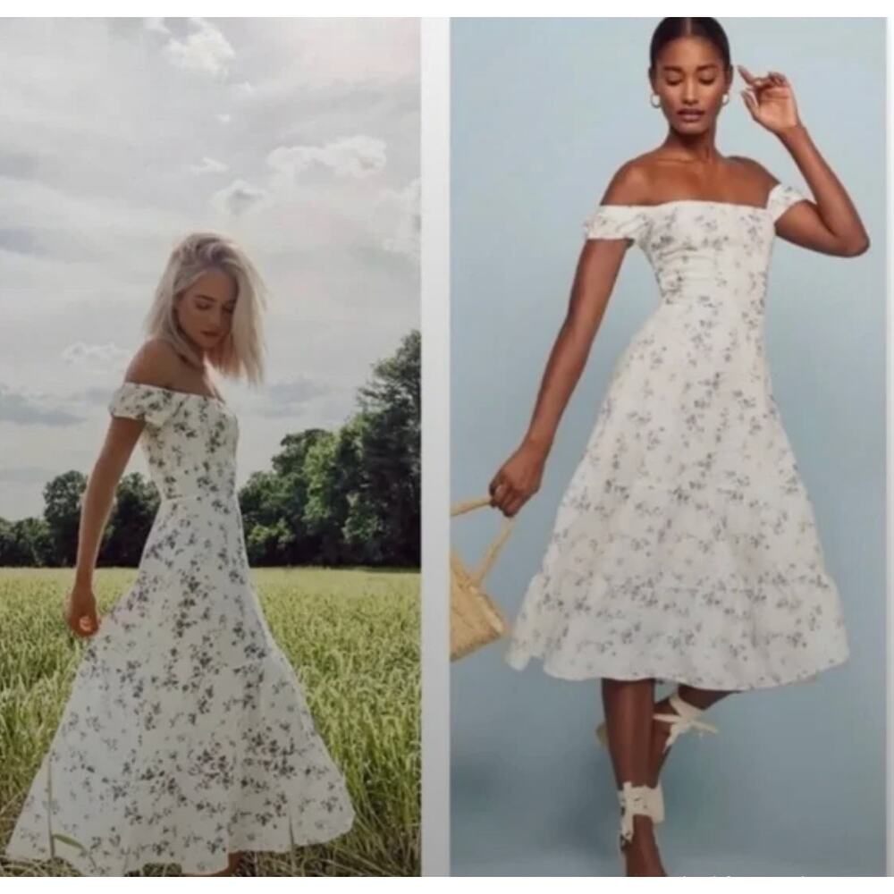 Reformation Cream Floral Off-Shoulder Midi Dress